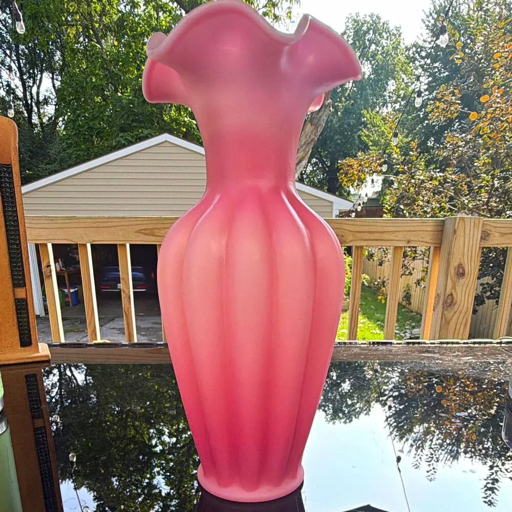 Fenton Pink Satin Glass Melon Ribbed Ruffle Rim Vase 11.5